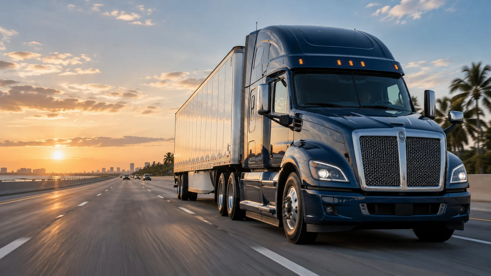 A navy freight truck on a sunlit Florida highway