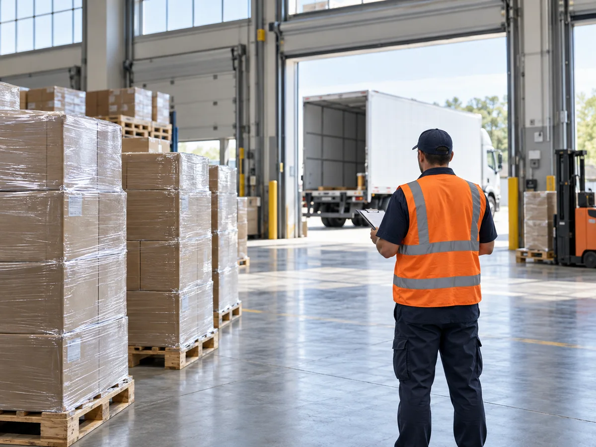 Palletized commercial goods being prepared for transportation at a loading dock
